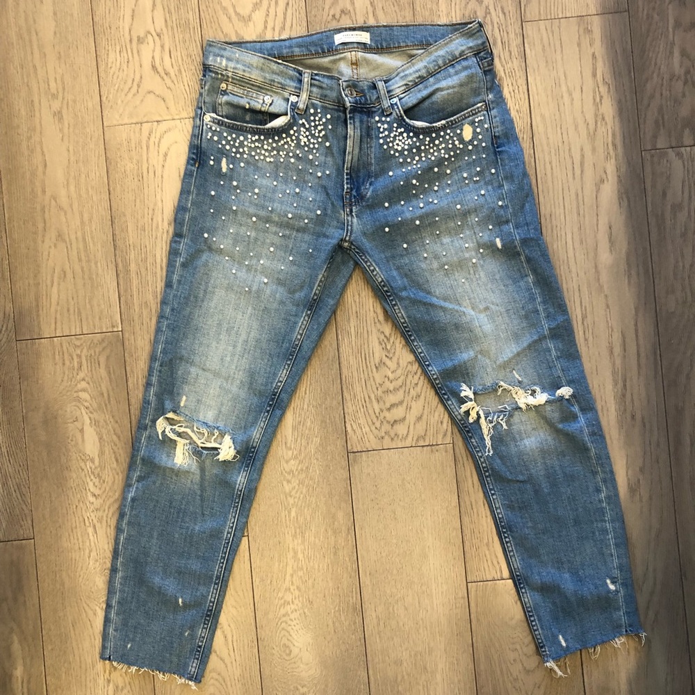 Zara Blue Distressed Boyfriend Jeans with pearl Detailing